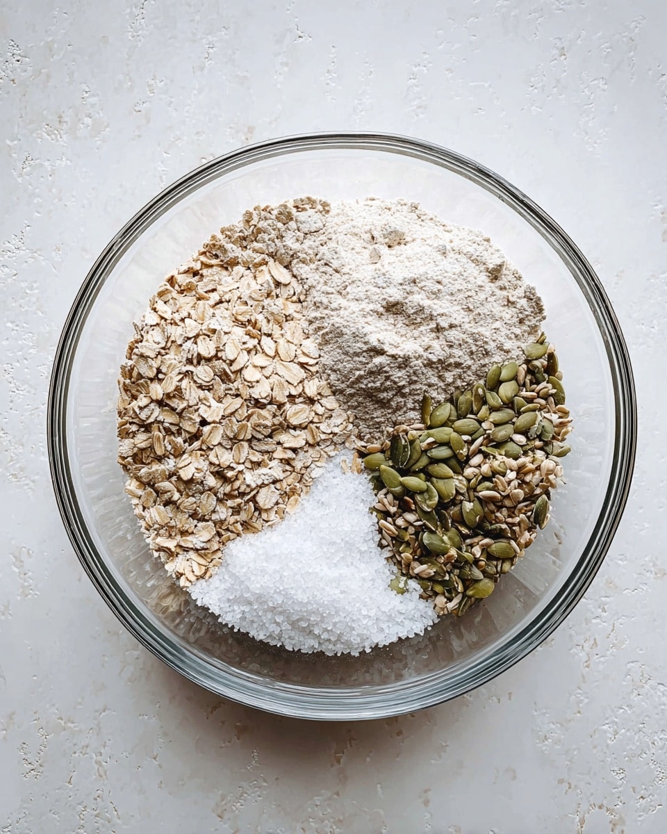 A clear glass bowl is placed on a white marbled surface, filled with four separate layers of dry ingredients arranged like sections of a circle. One section contains light brown oats with a rough texture, another holds fine white flour next to a pile of light beige yeast powder. A third section is filled with a mix of green pumpkin seeds, sunflower seeds, and small brown grains, while the last small section has coarse white salt crystals. The layers create a natural color contrast of light browns, greens, and whites, seen from a top-down view. Photo taken with an iphone --ar 4:5 --v 7