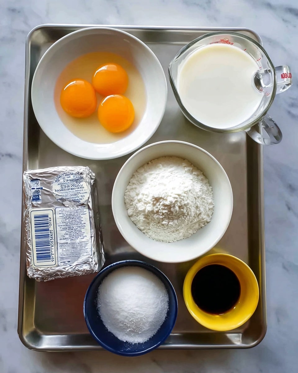 A metal tray sits on a white marbled surface, holding six containers with baking ingredients. In the top left, a white bowl contains three orange egg yolks in clear egg whites. To the right, a clear glass measuring cup is filled with white milk. In the bottom left corner is a silver foil-wrapped block of cream cheese resting against the edge of the tray. Centered on the tray, a white bowl is heap-full of white granulated sugar. At the bottom middle, a small dark blue bowl holds white powder, likely flour or cornstarch. To the right of it, a small bright yellow bowl contains a dark liquid, possibly vanilla extract. photo taken with an iphone --ar 4:5 --v 7