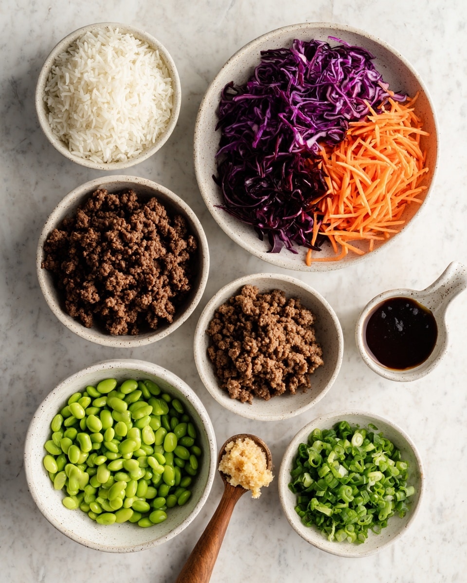 The image shows seven white bowls on a white marbled surface, each with different ingredients arranged in a neat cluster. The largest bowls contain crumbled dark brown beef mince, fluffy white rice, bright orange carrot sticks, and shredded deep purple cabbage. There are smaller bowls with fresh green edamame beans, chopped green spring onions, and a mix of light brown ginger paste with off-white garlic pieces. A small measuring cup with a wooden handle holds a glossy dark brown teriyaki sauce. The bowls are evenly spaced, each ingredient’s texture and color clearly visible. Photo taken with an iphone --ar 4:5 --v 7