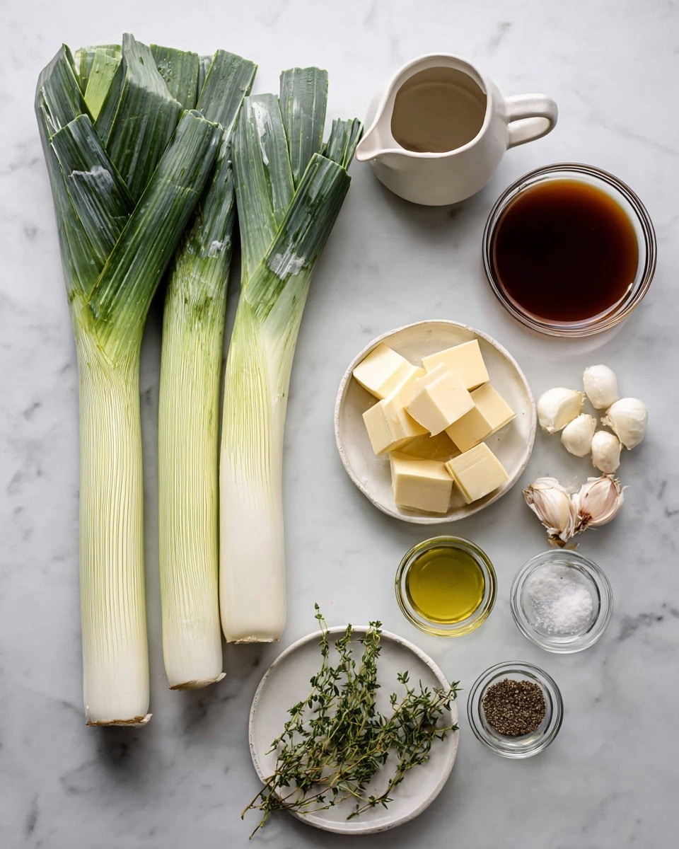 The image shows three long leeks with green and white shades, lying flat on a white marbled surface. On the right side, there are several clear glass bowls and a white plate arranged neatly: a large bowl with pale yellow butter cubes, a smaller bowl with seven peeled garlic cloves, a white plate with green sprigs of fresh herbs, a white pitcher filled with dark brown liquid, a small clear bowl with light olive oil, and two tiny bowls with coarse salt and ground black pepper. All items are placed in an organized way with clear colors and textures visible. Photo taken with an iphone --ar 4:5 --v 7