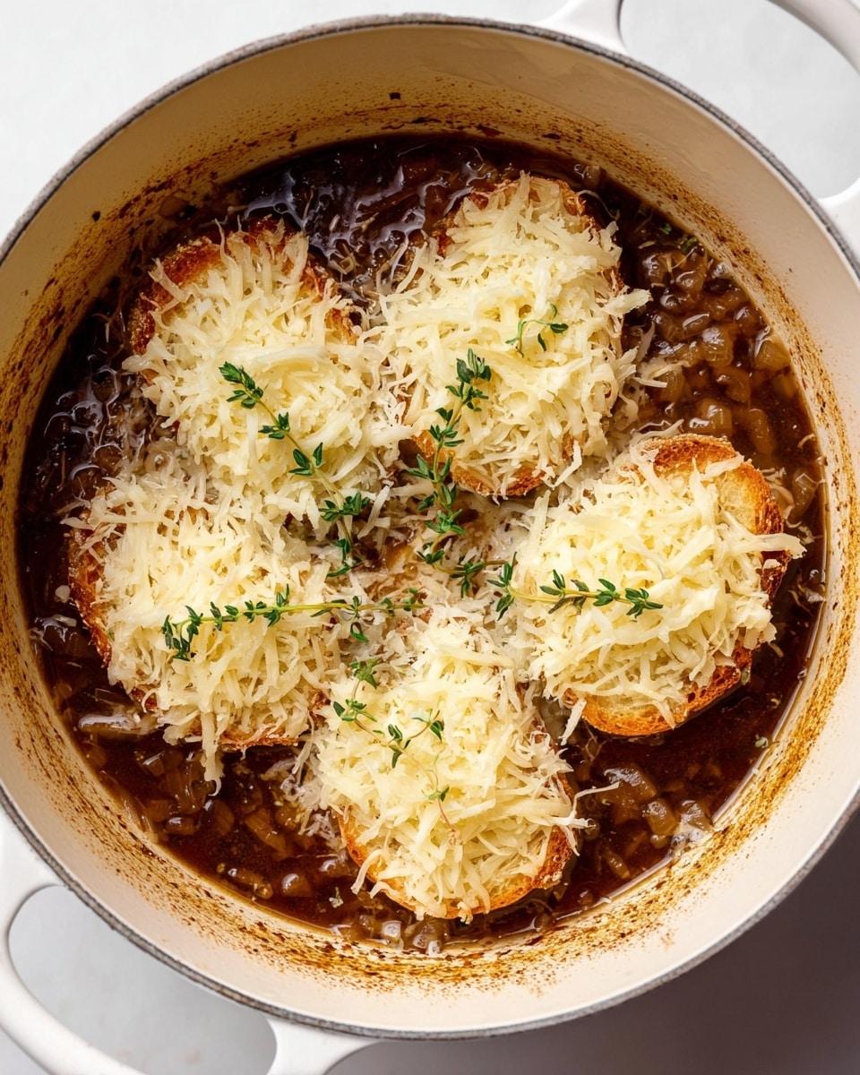 A white pot filled with a dark brown onion soup base shows four round layers of light golden-brown toasted bread sitting on top, each covered with a generous heap of pale yellow shredded cheese that partially melts into the soup. Small sprigs of fresh green thyme lay across the cheese piles, adding a touch of color. The sides of the white pot have brown stains from cooking, and the pot rests on a white marbled surface. photo taken with an iphone --ar 4:5 --v 7