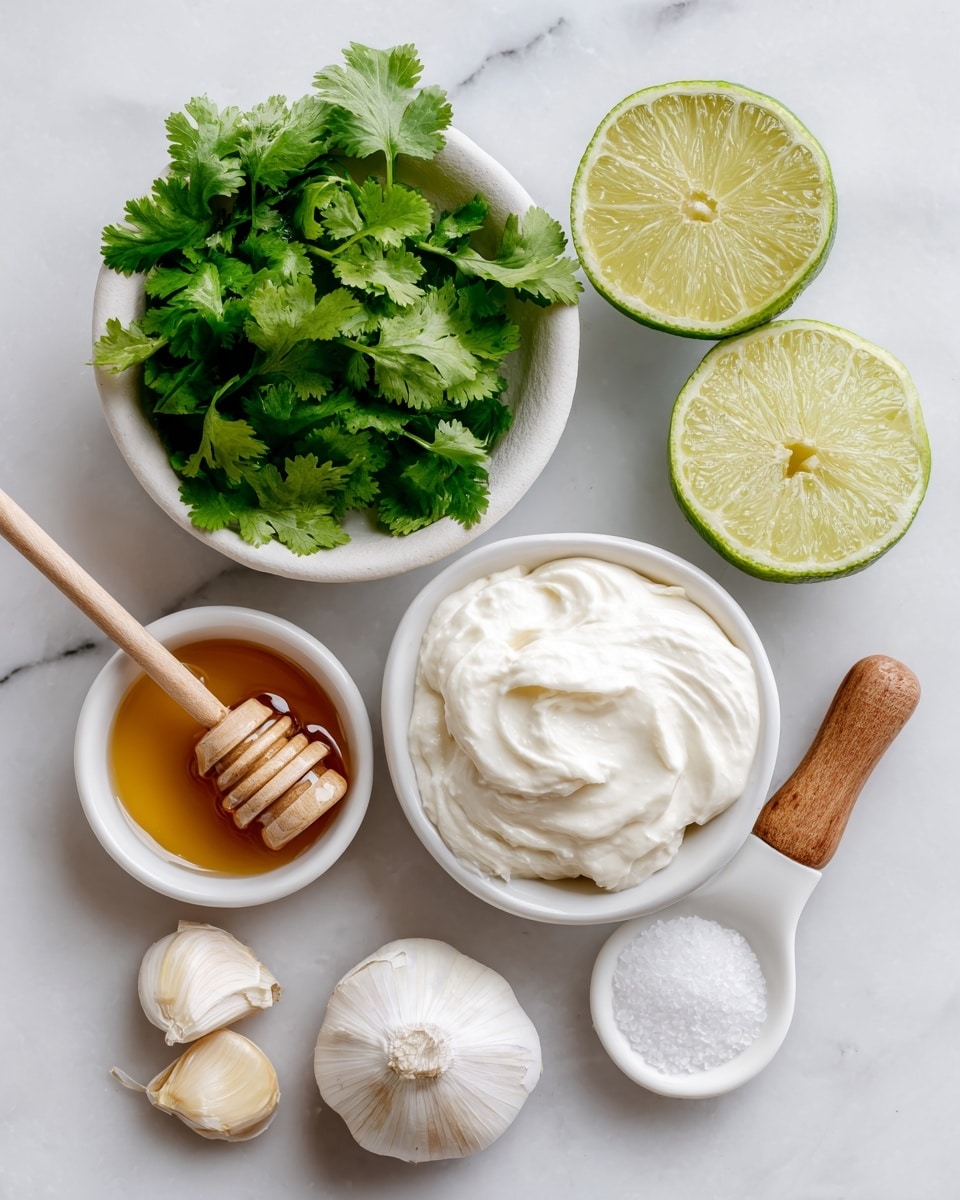 A white bowl filled with fresh green cilantro leaves sits at the top left. To the right, there are two halves of a lime with a whole lime next to them, showing a pale green-yellow interior and smooth outer skin. Below, there is a small white scoop filled with thick, creamy white yogurt with a wooden handle. Under that, a white scoop contains clear, amber honey with a wooden handle. Next to it, a smaller white scoop with a wooden handle holds coarse white salt. At the bottom left, three peeled garlic cloves are arranged in a small cluster. All items are placed on a white marbled surface. Photo taken with an iphone --ar 4:5 --v 7