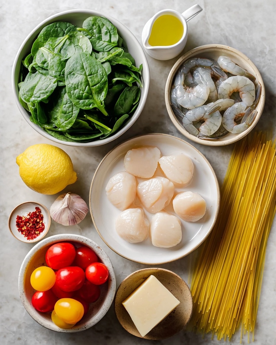 A white bowl filled with fresh green spinach leaves is placed next to uncooked yellow spaghetti strands on a white marbled background. To the right, there is a white bowl containing raw shrimp with a slight gray tint. Below the spaghetti, a white plate holds several raw scallops, cream-colored and round with smooth texture. Nearby, a small brown bowl contains a bright yellow lemon, and next to it, a white pouring jug holds a light golden liquid, likely olive oil. At the bottom right, a white bowl is filled with shiny red and yellow cherry tomatoes. On the left side, three cloves of peeled garlic rest on a small beige bowl, while another small bowl holds red chili flakes. A chunk of pale yellow cheese sits on a white dish below. The entire setup is arranged on a white marbled surface, showing each ingredient clearly. photo taken with an iphone --ar 4:5 --v 7