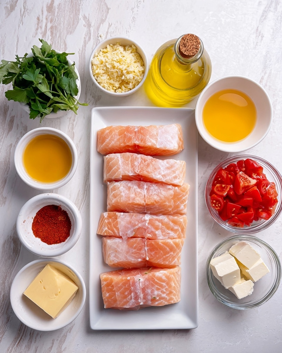 The image shows a white rectangular plate with four raw fish fillets, each pale pink with a hint of white and a smooth texture, arranged in two rows. Around the plate on a white marbled surface are several small white bowls and clear glass containers holding ingredients: fresh green leafy herbs at top left, finely minced pale yellow garlic next to it, golden olive oil in a clear glass bottle with a cork stopper, bright yellow-orange liquid in a clear measuring cup, red powdered spice in a small clear bowl, white cream cheese cubes in a small clear bowl, a small square of yellow butter in a white dish, and diced red tomatoes in a white bowl. All items are neatly placed around the fish, showing a tidy ingredient setup. Photo taken with an iphone --ar 4:5 --v 7