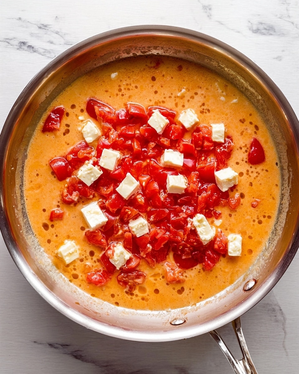 A stainless steel pan filled with a single liquid layer of light orange sauce, topped with scattered chunks of bright red diced tomatoes and small white cubes of soft cheese placed unevenly around the center. The sauce has a smooth, slightly oily texture with small bits floating throughout. The pan sits on a white marbled surface, and the whole scene is lit brightly from above, showing clear details of the sauce and ingredients. photo taken with an iphone --ar 4:5 --v 7