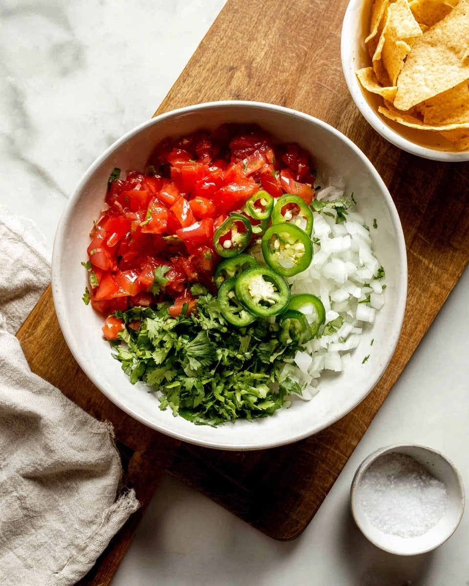 A white bowl shows three clear layers of ingredients from top view, sitting on a wooden board over a white marbled surface. The first layer is red chopped tomatoes with a shiny texture, placed on the left side of the bowl. Next to it on the right is a pile of finely chopped white onions, slightly translucent. On top of the onions are several rings of light green jalapeño peppers. Below the tomatoes is a bright green layer of fresh chopped cilantro leaves, adding a leafy texture. To the right side of the wooden board, a white bowl filled with light brown tortilla chips is partially visible. A light beige cloth is casually placed under the wooden board, and a small white bowl with a little salt is on the bottom right corner. Photo taken with an iphone --ar 4:5 --v 7