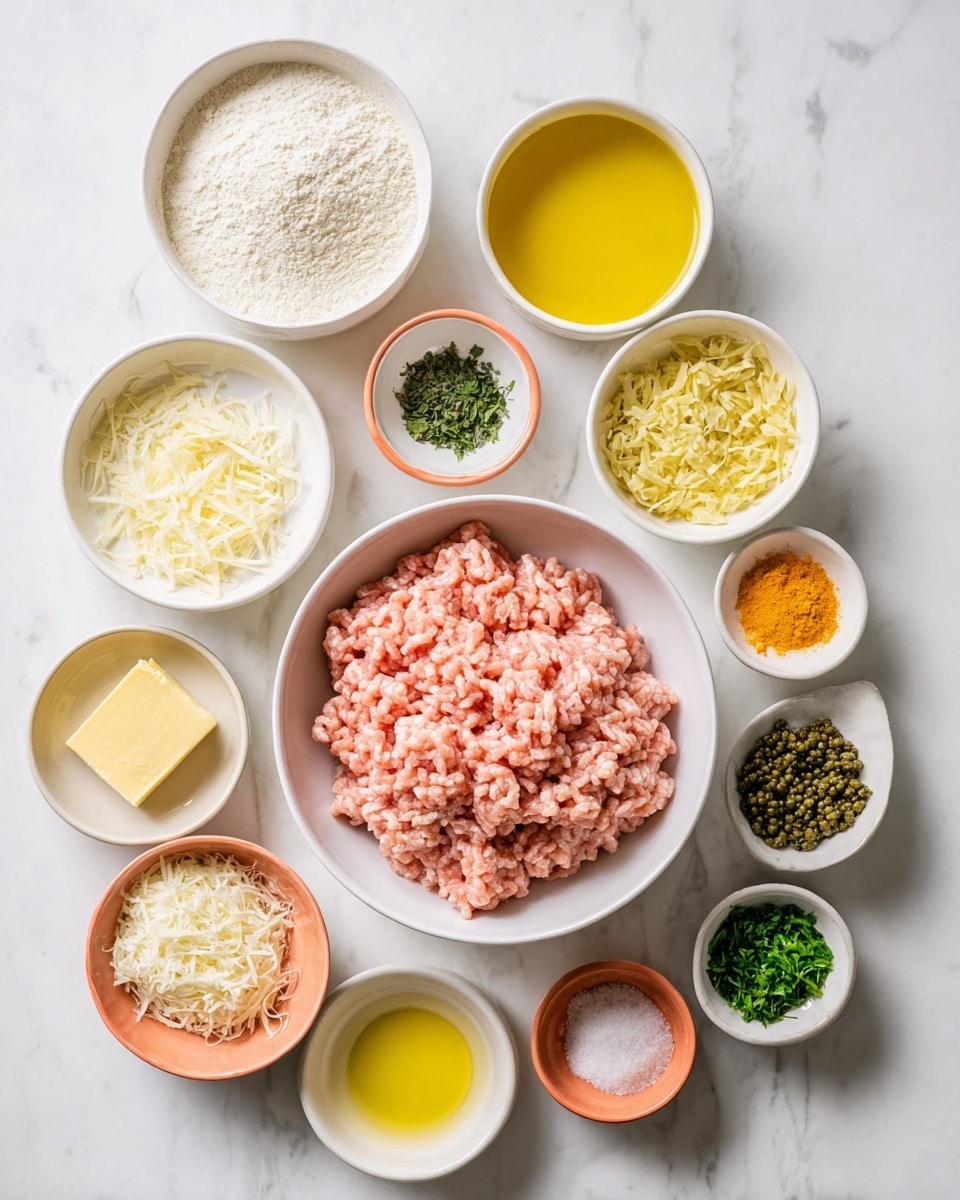 The image shows a layout of ingredients arranged on a white marbled surface. In the center, there is one large white bowl filled with raw pale pink ground meat. Surrounding it are smaller white and coral bowls and dishes containing various ingredients: white grated cheese, melted yellow butter, light golden yellow oil, finely chopped pale yellow garlic, bright yellow zest, light golden broth, white flour, dark green chopped herbs, a cube of yellow butter, green capers, orange seasoning, yellow marinade, salt, and light breadcrumbs. Each bowl is neatly placed in a circular pattern around the main bowl of ground meat. The light and colors are soft and natural, with clean visual spacing. photo taken with an iphone --ar 4:5 --v 7