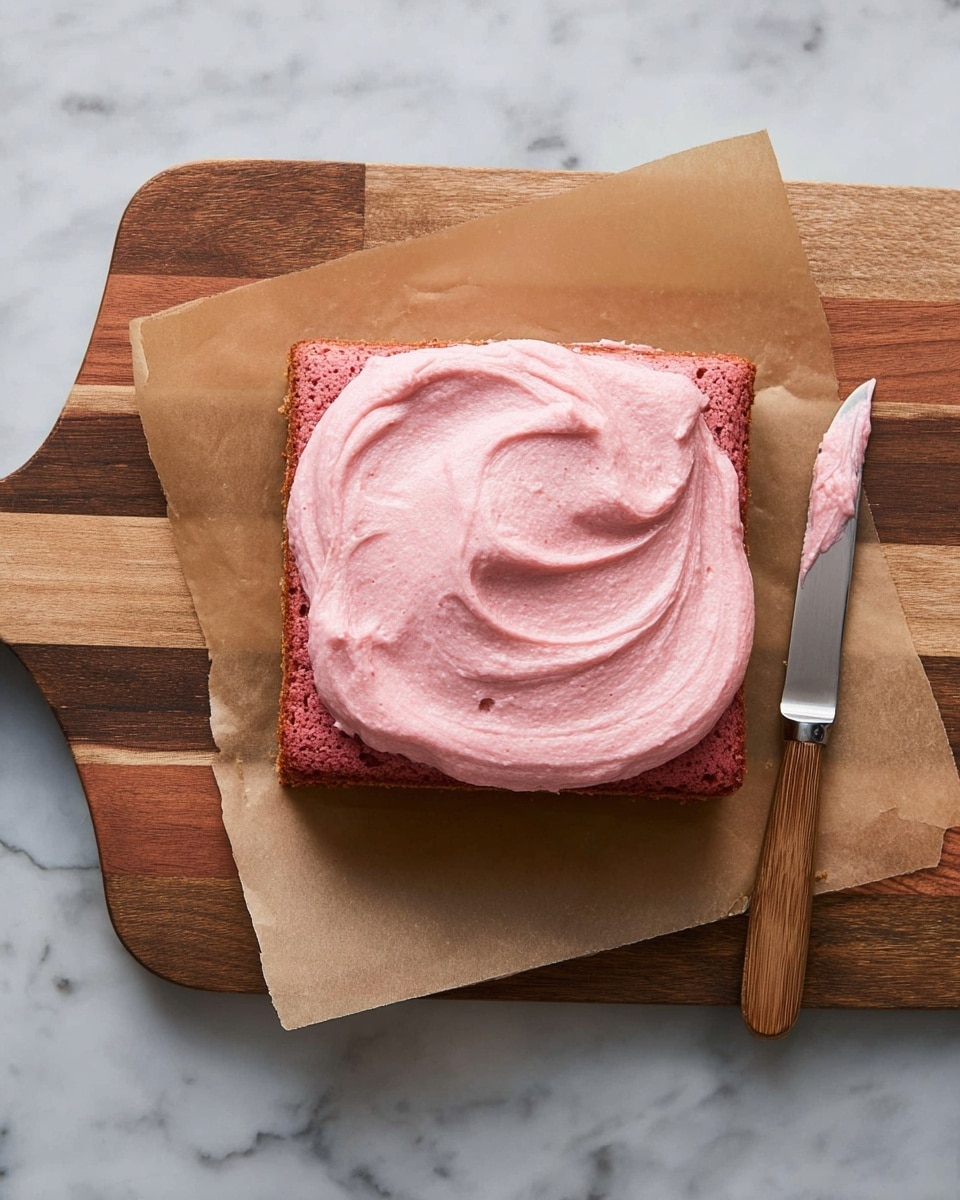 A square pink cake layer sits on a piece of brown parchment paper, placed on a wooden cutting board with light and dark wood patterns. On top of the cake layer is a thick, creamy swirl of light pink frosting with a smooth, slightly textured surface in the middle. Beside the cake on the right side is a small knife with a wooden handle resting on the parchment paper. The background is a white marbled surface. Photo taken with an iphone --ar 4:5 --v 7