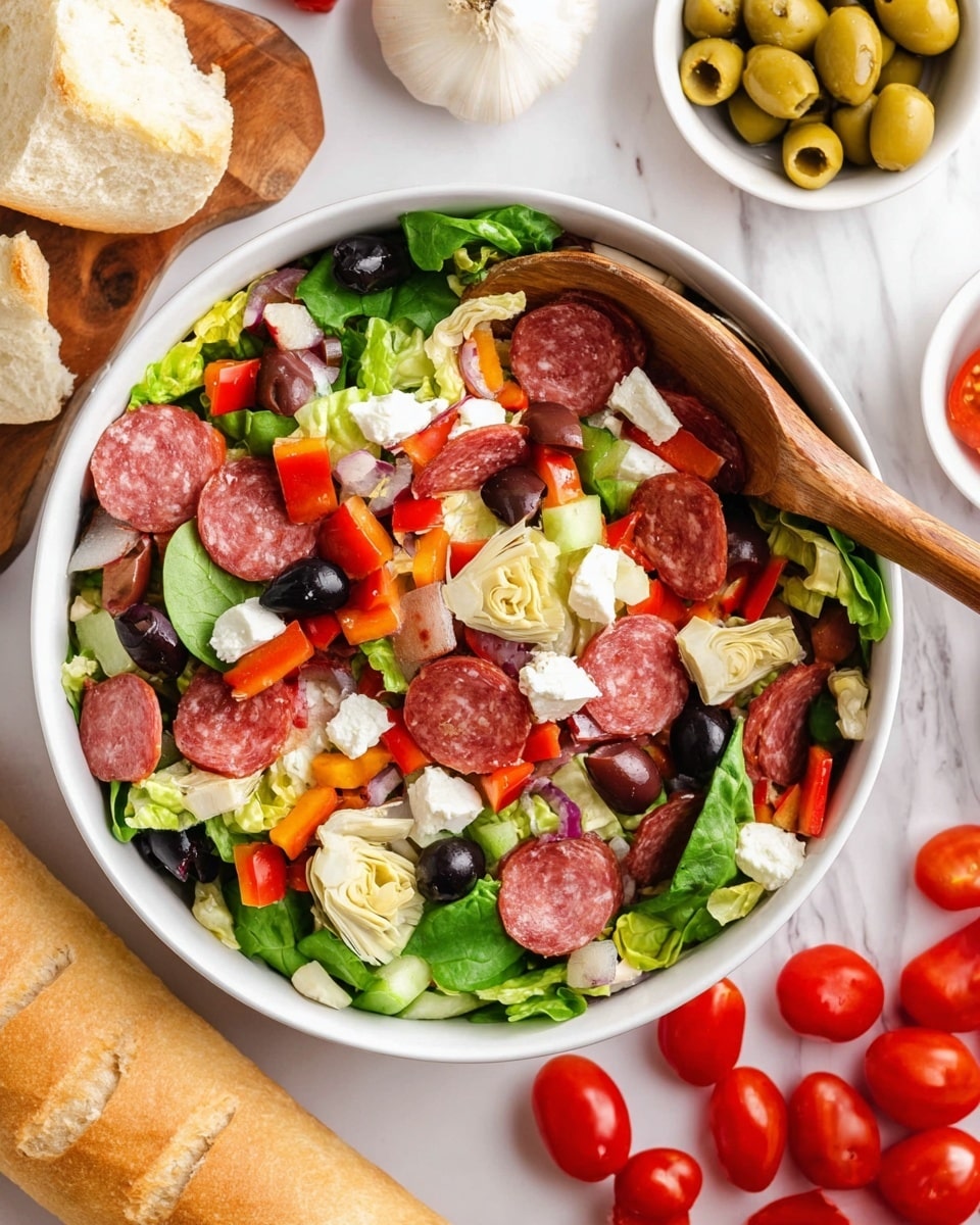 A white bowl filled with a colorful mixed salad featuring three layers: the bottom layer of green leafy lettuce and spinach with a fresh, crisp texture; the middle layer scattered with sliced salami pieces in light pink with white fat spots, black and green olives, halved cherry tomatoes showing bright red and orange colors, and red roasted pepper chunks; the top layer sprinkled with small dollops of white cheese and artichoke hearts with a pale beige color. To the right side of the bowl is a wooden serving spoon resting inside, and around the bowl are chunks of light beige bread on a wooden board, whole garlic bulb, small white bowls with more olives, and bright red cherry tomatoes scattered on a white marbled surface. Photo taken with an iphone --ar 4:5 --v 7