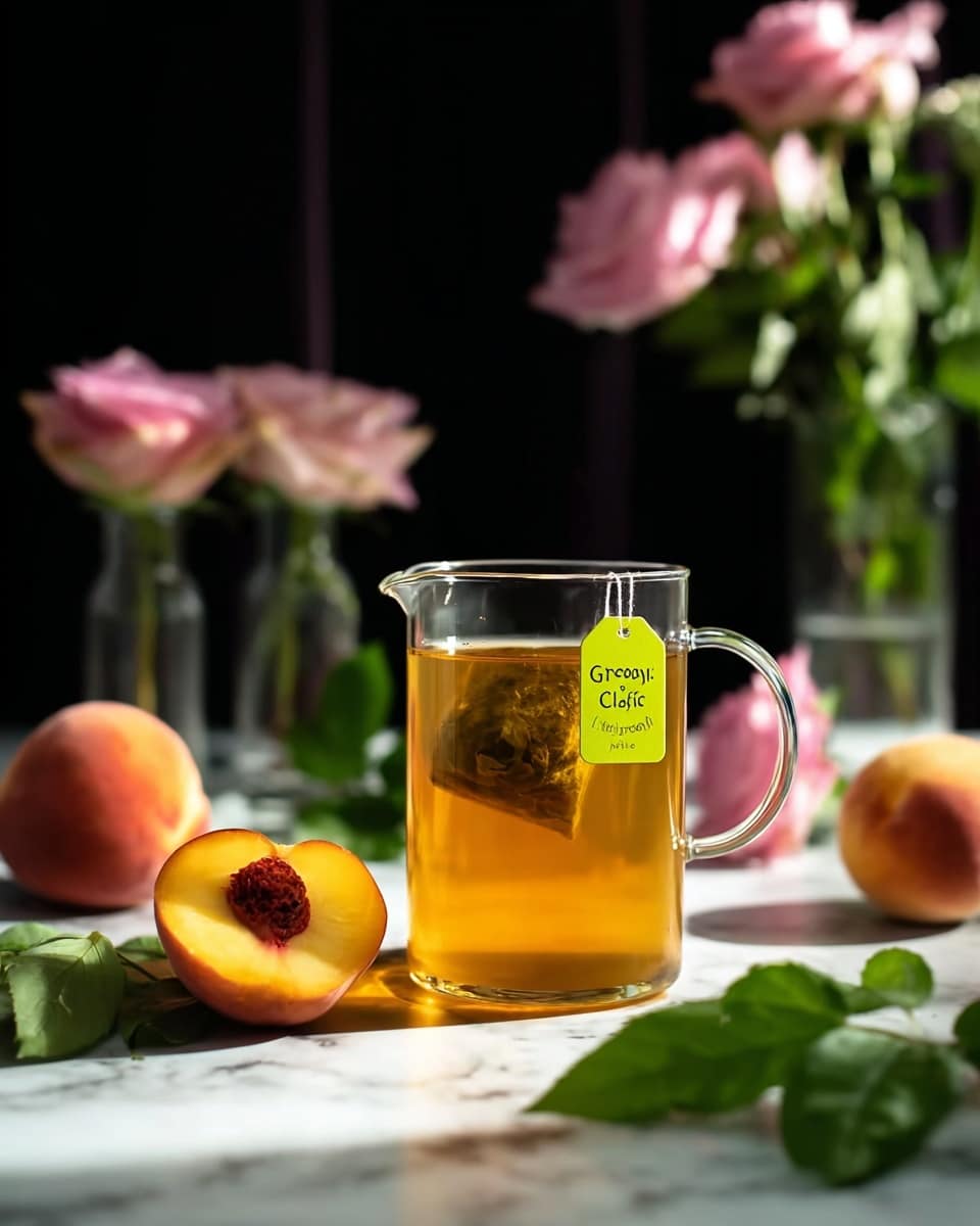 A clear glass measuring cup filled with amber-colored green tea, with a tea bag steeping inside and a bright yellow tag hanging on the outside labeled