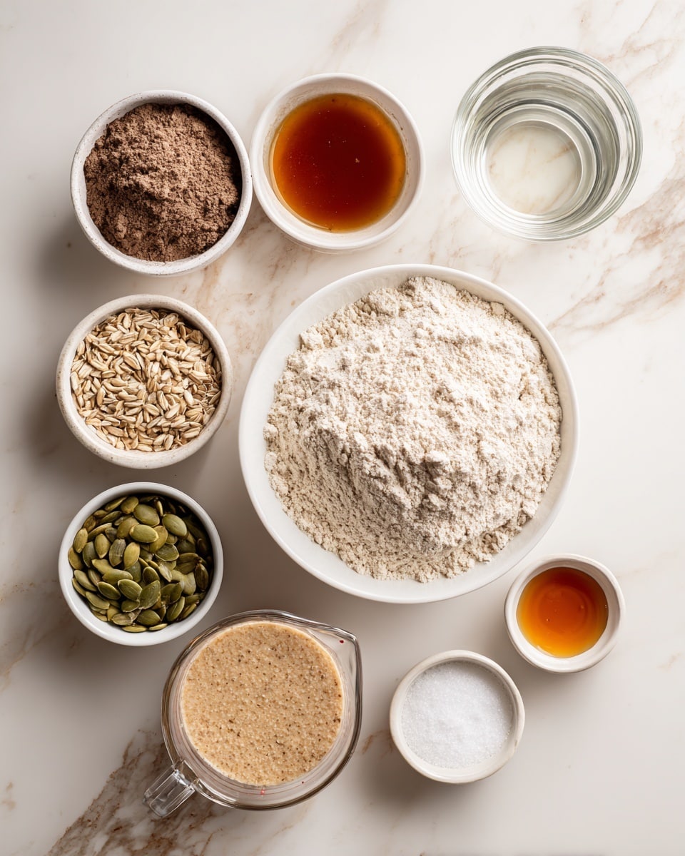 A loaf of brown seed bread sits on a white marbled surface with one slice lying flat in front of it. The bread has a dense texture with visible seeds and grains inside. The top of the loaf is covered with a thick layer of oats and seeds, giving it a rough and crunchy look. The edges of the slice also show some seeds embedded, matching the top layer. The bread rests on a metal cooling rack, and a blurred cloth is seen in the background. Photo taken with an iphone --ar 4:5 --v 7