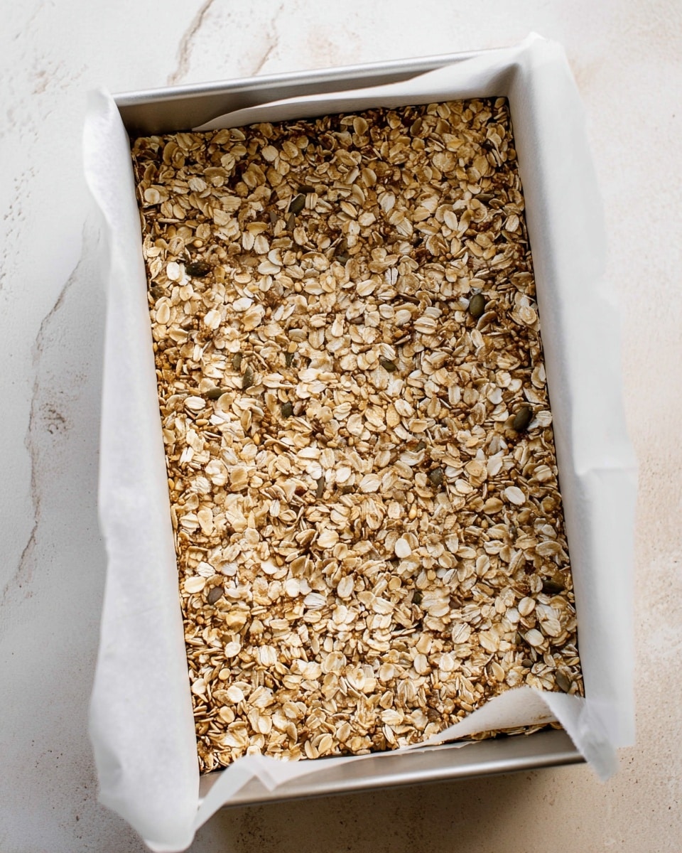 The image shows a baking pan lined with white parchment paper, filled with a two-layer mixture. The bottom layer is thick and light brown, while the top layer is a scattered mix of oats and various seeds in light beige, off-white, and light brown tones. The oats and seeds create a textured, slightly uneven surface covering the entire visible top of the mixture. The pan is placed on a white marbled surface with a soft, natural light illuminating the scene from the top left. photo taken with an iphone --ar 4:5 --v 7