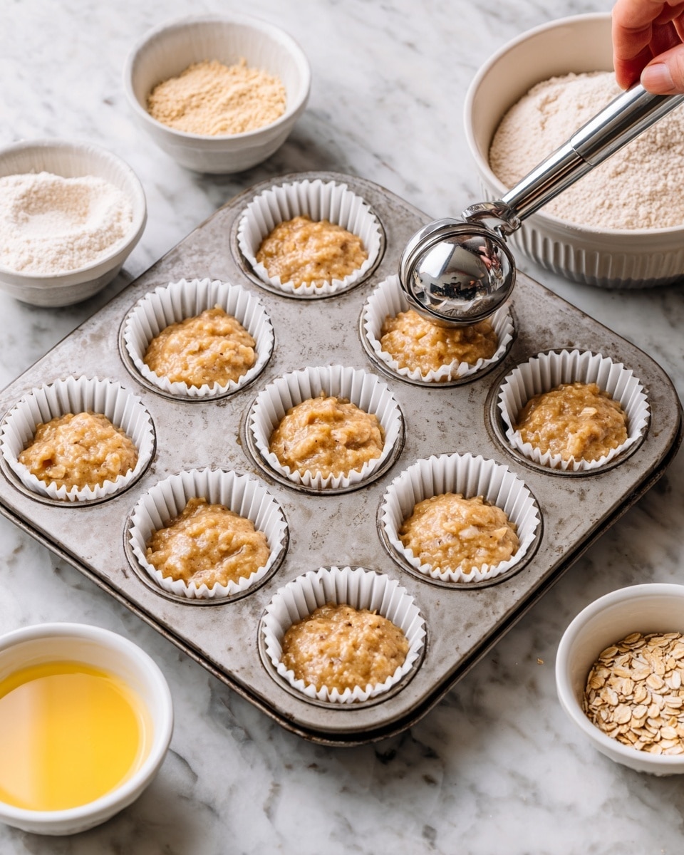 A old metal muffin tray filled with white paper liners, each liner holding a scoop of light brown muffin batter with visible small oats and a slightly thick texture; a shiny metal ice cream scoop is placing batter into one liner, held by a woman's hand, while the tray rests on a white marbled surface; around the tray are three small white bowls containing pale flour, light brown sugar, and melted yellow butter, all adding to the baking scene photo taken with an iphone --ar 4:5 --v 7