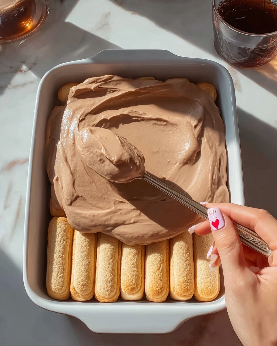 The image shows a white square baking dish with two layers visible. The bottom layer consists of light brown ladyfinger biscuits neatly lined up side by side. On top of that, there is a thick, smooth layer of light brown creamy mixture being spread with a spoon held by a woman's hand with light pink nails and a small red heart design on one nail. The dish sits on a white marbled surface, with sunlight casting soft shadows, and there is a glass container with a dark liquid partially visible in the background. photo taken with an iphone --ar 4:5 --v 7