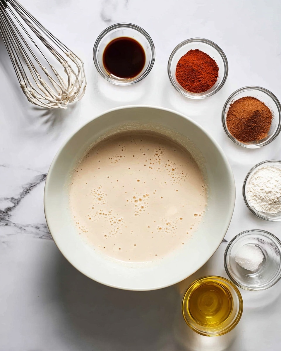 A large white bowl sits on a white marbled surface, filled with a smooth, light beige batter with small bubbles on top. Around the bowl are six small clear glass bowls, each containing different ingredients: a dark brown powder (cocoa powder) in the top right, a red-brown powder (likely chili or cayenne) on the top left, a dark liquid (vanilla extract) near the top center, white flour on the middle right, a small amount of white salt near the bottom left, and a golden oil near the bottom center. A hand mixer with silver beaters is held above the bowl, ready to mix. The scene is bright and clean, emphasizing the preparation of the batter photo taken with an iphone --ar 4:5 --v 7