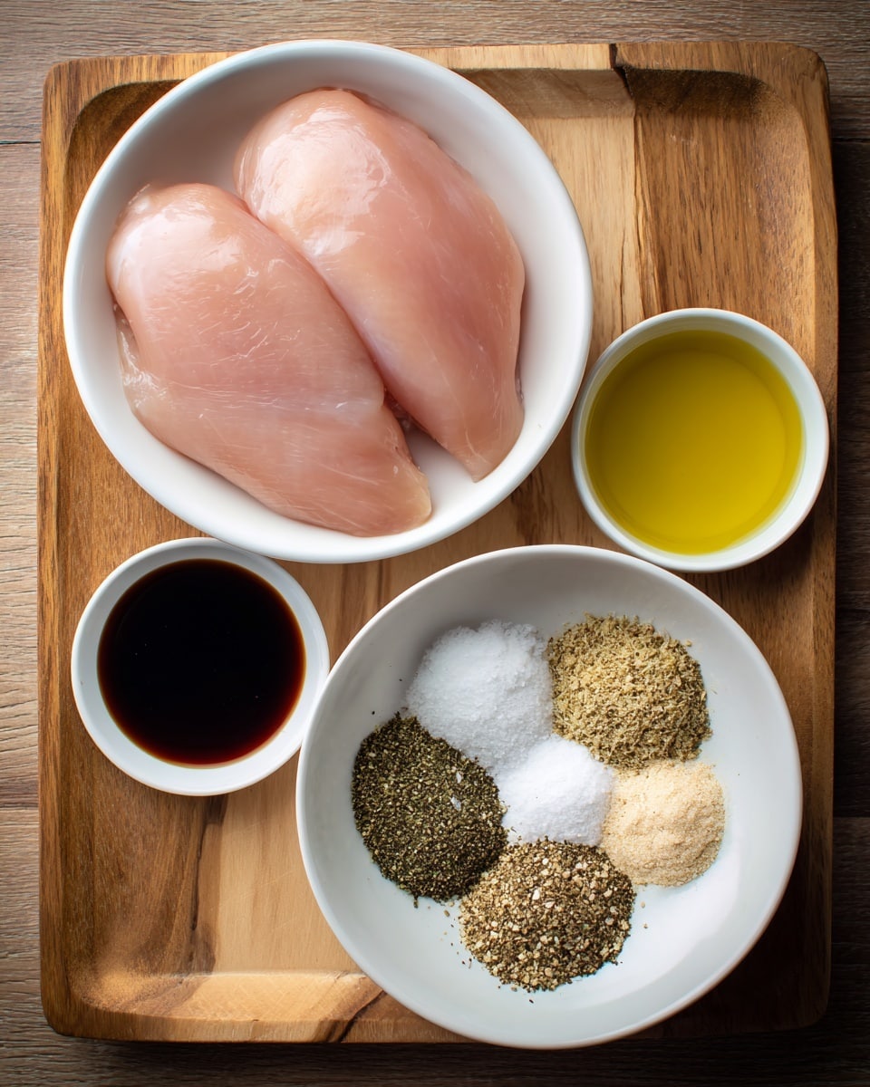 A white round bowl holds two raw pale pink turkey tenderloins with a smooth, moist texture, placed on the left side of a wooden tray. To the top right, two small white bowls contain dark brown balsamic vinegar and light yellow oil, side by side. Below them, a larger white bowl is filled with separate piles of dry spices and seasonings: coarse white salt, greenish Italian seasoning, black pepper, and beige garlic powder, arranged in a roughly circular pattern. The wooden tray has light and dark brown grain patterns and fills the background. Photo taken with an iphone --ar 4:5 --v 7
