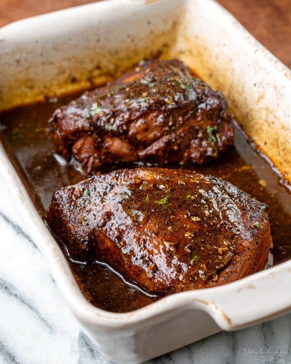 A white square baking dish holds two large pieces of meat covered with a dark brown sauce that looks shiny and thick. The meat pieces have a rich, dark cooked color with visible seasoning and a moist texture. The dish is placed on a white marbled surface, and the sauce spreads a little inside the dish, giving the meat a glossy, appetizing look photo taken with an iphone --ar 4:5 --v 7