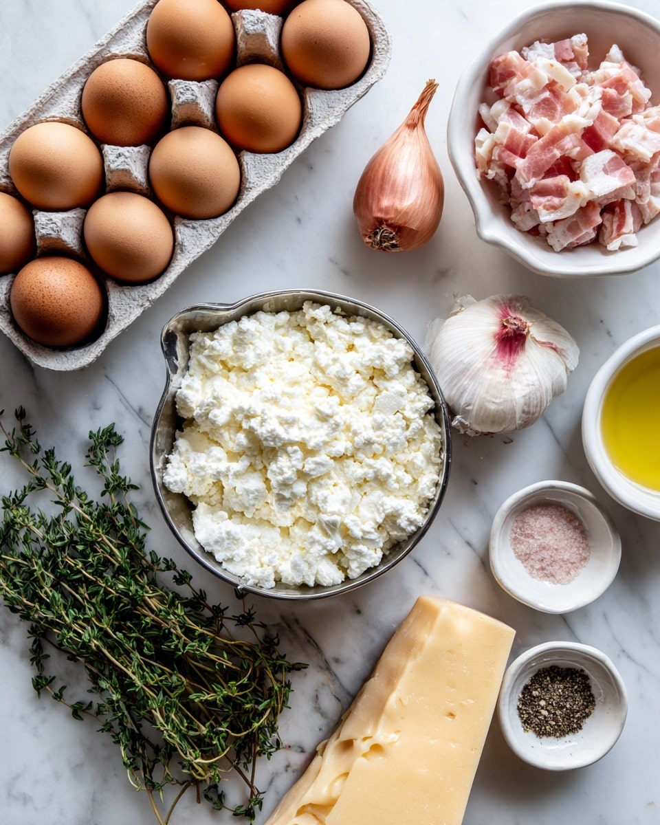 A top-down view shows several cooking ingredients arranged neatly on a white marbled surface. On the left side, a carton holds a dozen brown eggs with smooth shells. Below it, fresh green thyme sprigs are spread out. Near the center, a metal measuring cup filled with white, lumpy cottage cheese is placed next to a whole shallot with pinkish papery skin. To the right, a white bowl holds small pieces of pink and white pancetta. Next to it, there is a thick slice of yellow gouda cheese with red rind edges. Below these, two small white bowls contain black pepper and pinkish salt, and a bit of golden olive oil is seen in another white bowl. photo taken with an iphone --ar 4:5 --v 7