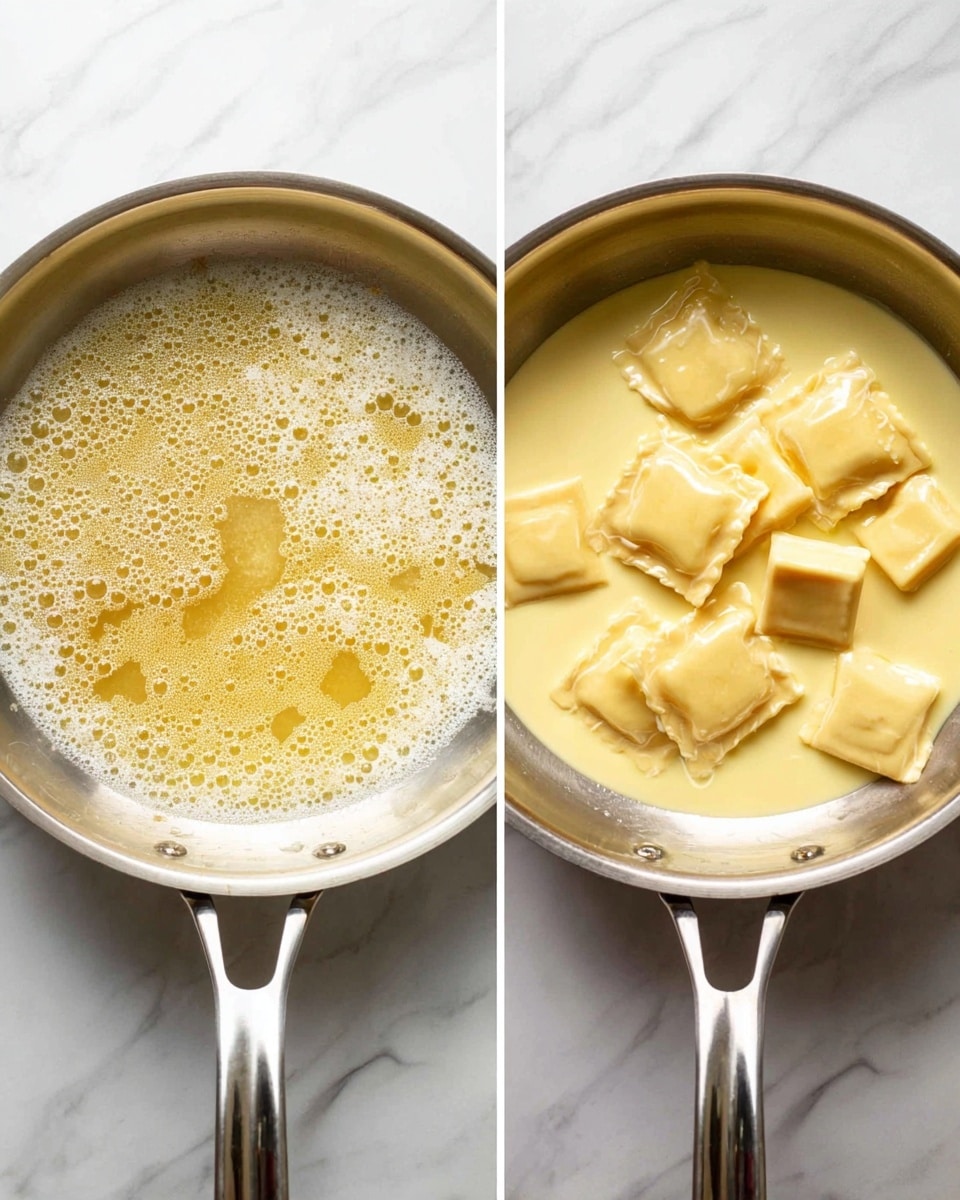 Two side-by-side images of a shiny stainless steel pan on a white marbled surface. The left image shows melted butter spreading out with small bubbles, creating a light golden layer covering the bottom. The right image shows the pan filled with creamy yellow liquid and several pieces of square ravioli floating on top, with the creamy sauce creating a soft, pale yellow texture around the pasta. Photo taken with an iphone --ar 4:5 --v 7