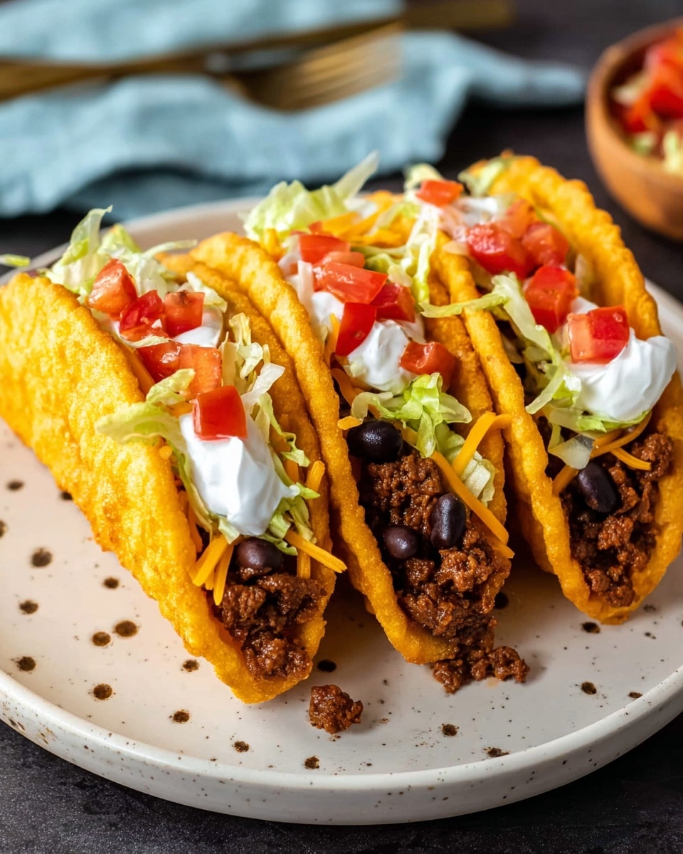 Three fried taco shells with a golden crunchy texture stand open on a round white plate with small dot patterns. Each shell is filled with a first layer of melted cheddar cheese in a smooth orange shade, topped with brown seasoned ground beef. On top of the beef, there is a layer of black beans, followed by a dollop of white sour cream. Shredded light green lettuce and bright red diced tomatoes finish the filling, adding fresh colors. The plate sits on a white marbled surface with a soft blue cloth and a blurred fork in the background. photo taken with an iphone --ar 4:5 --v 7