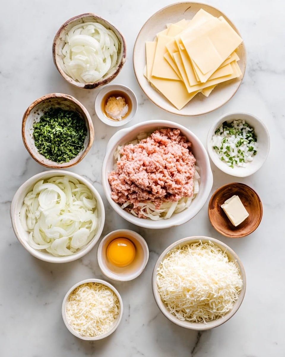 The image shows several small white bowls arranged neatly on a white marbled surface. At the center is a bowl of pale pink ground meat, surrounded by sliced onions in a larger bowl above it, and sliced yellow cheese on a white plate to the right. Other bowls contain finely chopped white onions, green chopped herbs, a raw egg with a yellow yolk, minced garlic, a light brown liquid, grated cheese, salt in a small wooden bowl, a small piece of butter on a tiny plate, and finely shredded white mixture. The colors are soft and natural, with a clean and fresh look. photo taken with an iphone --ar 4:5 --v 7