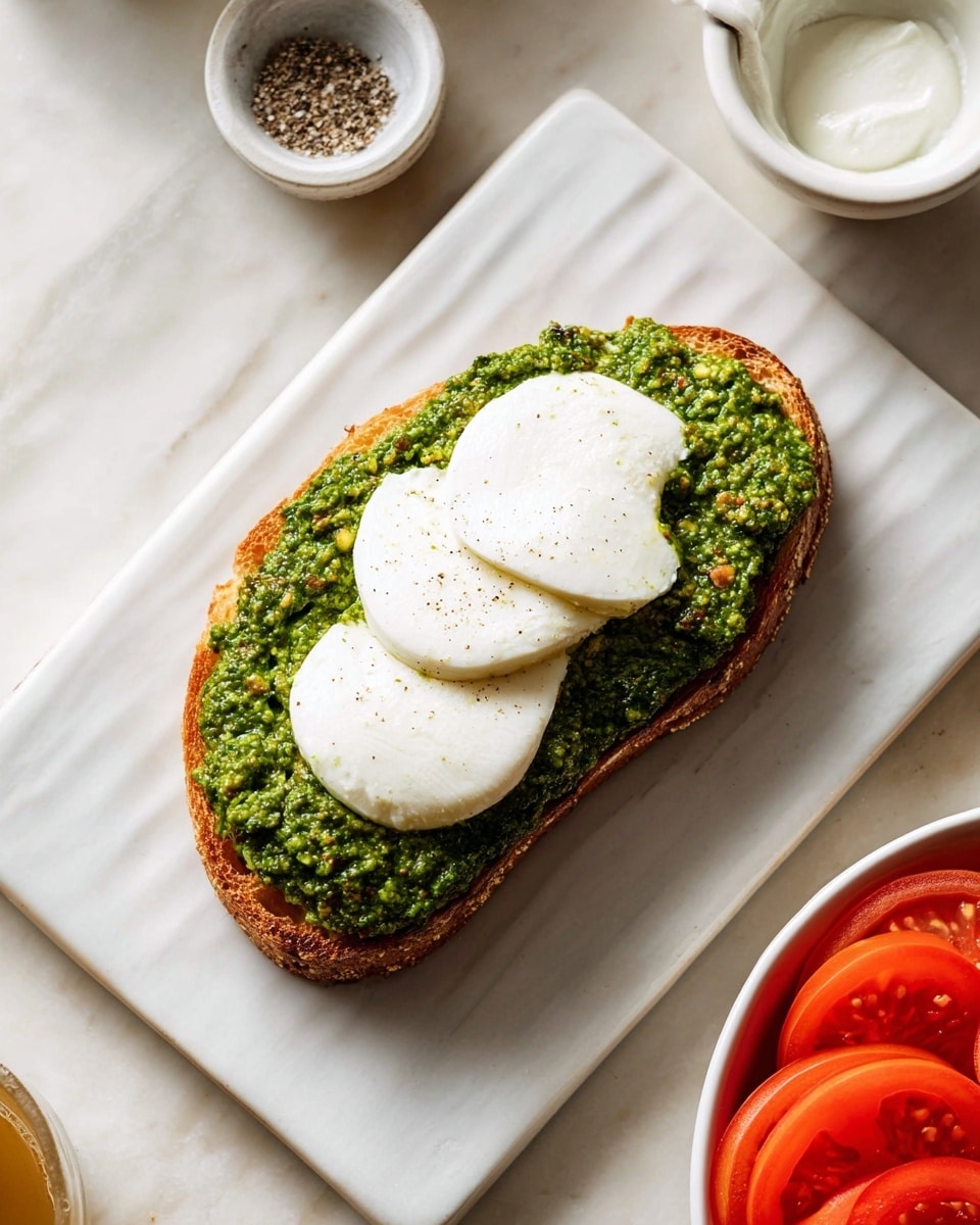 A single slice of toasted bread with a medium brown crust is topped with a thick, uneven layer of bright green pesto spread, rich with small bits of nuts or herbs. On top of the pesto, there are two round slices of soft white mozzarella cheese, each slightly different in size and covering part of the pesto below. The bread rests on a white rectangular plate with subtle wrinkles, placed on a white marbled surface. Around the plate, there is a small white bowl with ground pepper and salt inside, and a partial view of a white bowl with some kind of white creamy substance. A white bowl filled with slices of bright red tomatoes is also visible near the bottom edge of the image. Photo taken with an iphone --ar 4:5 --v 7