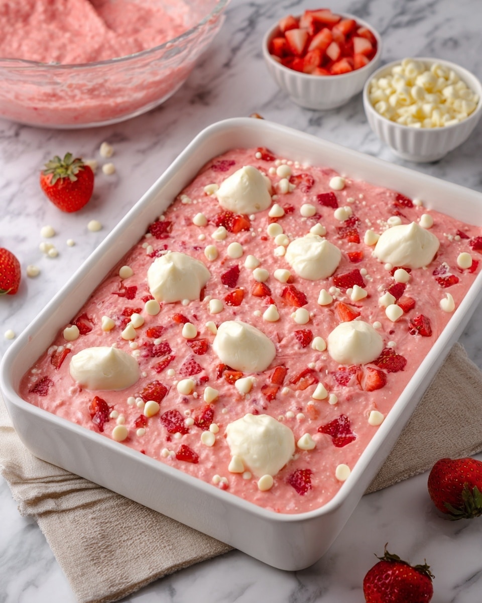 A white rectangular baking dish filled with a thick pink strawberry mixture as the base layer, spread evenly. On top are numerous small bright red strawberry pieces scattered all over the surface. White cream dollops are placed evenly across the dish in six thick blobs, creating a striking contrast with the pink base and red strawberries. Small white chocolate chips are scattered lightly across the surface, adding texture. In the background, a large glass bowl holds more of the same pink mixture, and two small white bowls contain chopped strawberries and white chocolate chips. The dish and bowls rest on a white marbled surface with a beige cloth at the lower right corner, and a few strawberries and white chocolate chips are casually placed around. Photo taken with an iphone --ar 4:5 --v 7