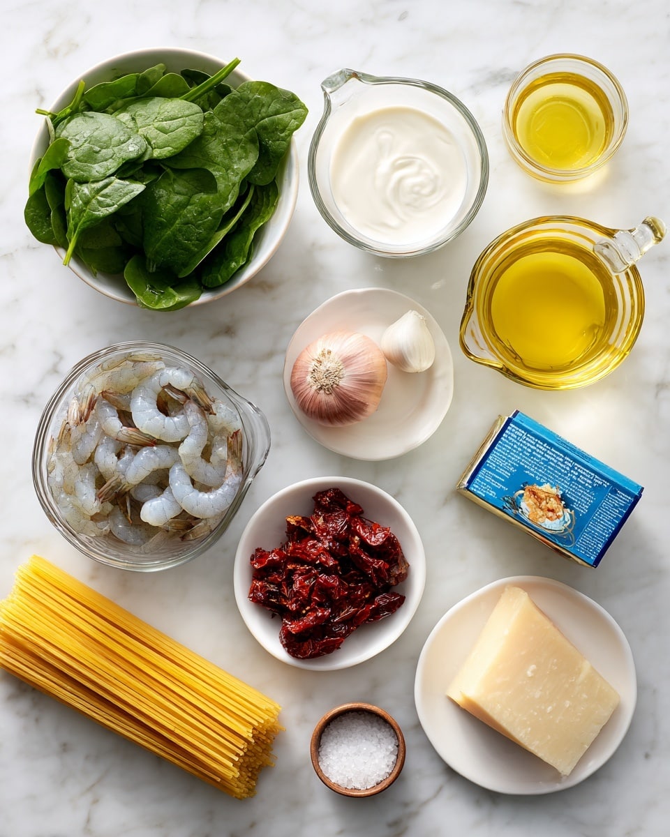 The image shows a top-down view of various cooking ingredients arranged neatly on a white marbled surface. Starting from the top left, there is a white bowl filled with fresh green spinach leaves. Next to it, a clear glass measuring cup holds white heavy cream, and beside that, another clear glass measuring cup contains a pale yellow chicken broth. Toward the right, a whole white garlic bulb and a small shallot with pinkish outer skin sit next to a blue box of spaghetti pasta. At the bottom left, there is a transparent bowl filled with raw shrimp with a light greyish color and some translucent parts. In the center, a small white bowl holds chunky red Calabrian chili paste, and close to it, a small white bowl contains sun-dried tomatoes that are dark red and wrinkled. Next to those, a white plate holds a wedge of pale yellow parmesan cheese surrounded by grated parmesan. A small glass bowl with golden olive oil and a tiny brown bowl with white salt complete the layout. The ingredients are placed in a way that the colors contrast nicely against the white marbled surface. photo taken with an iphone --ar 4:5 --v 7