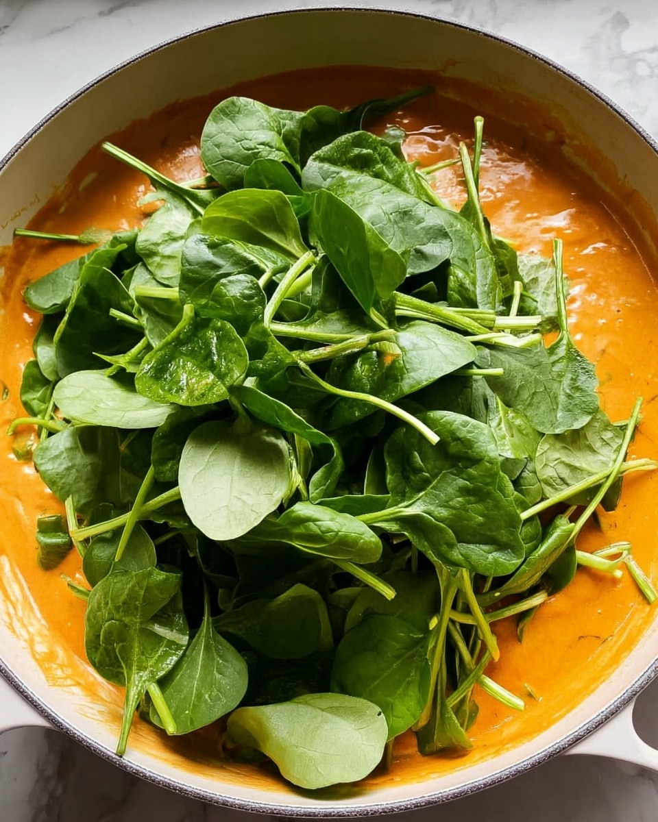 A white pan filled with a thick, smooth orange sauce that covers the bottom and edges of the pan. On top of the sauce is a large pile of fresh green spinach leaves, with some stems visible. The spinach leaves are vibrant and fresh, sitting loosely over the sauce in the center of the pan. The pan rests on a white marbled surface. Photo taken with an iphone --ar 4:5 --v 7