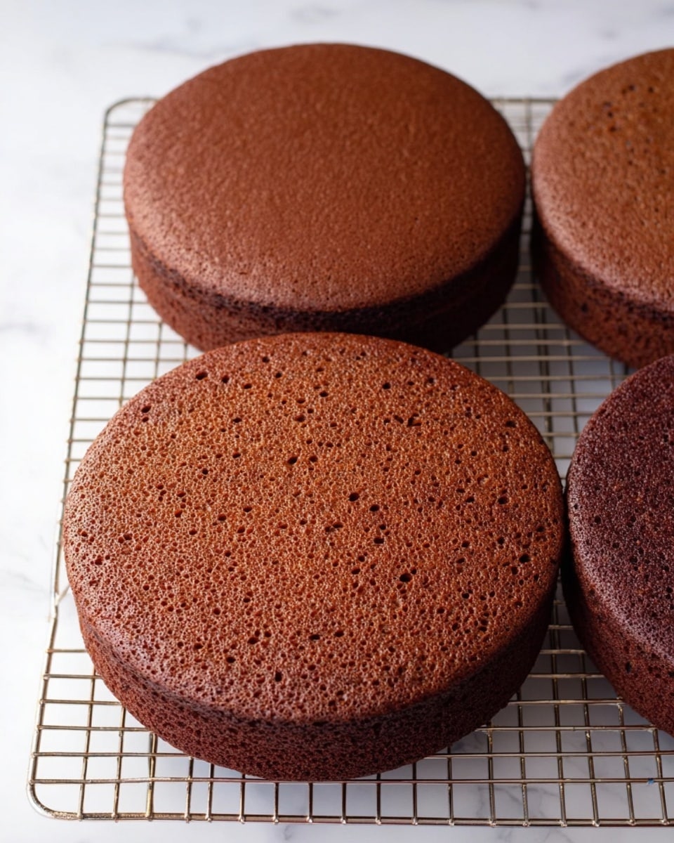 Three round chocolate cake layers are placed side by side on a cooling rack over a white marbled surface. Each layer is thick and evenly baked with a soft, spongy texture showing small air holes throughout and a rich dark brown color. The top surfaces are smooth with a slightly shiny finish, with one layer having a more matte look. The edges are neat and the cakes are positioned to form a loose triangular shape, showcasing their uniform size. Photo taken with an iphone --ar 4:5 --v 7