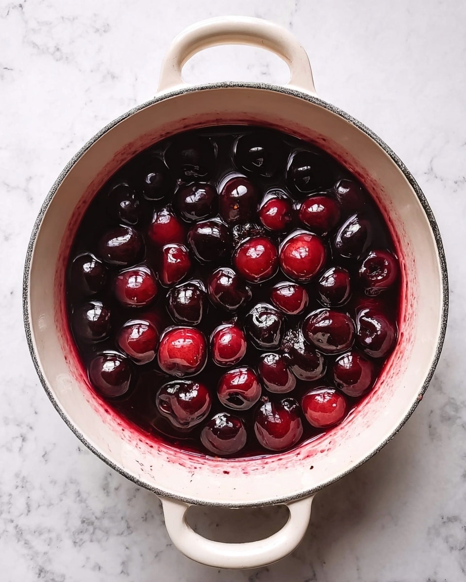 A round white pot with two handles holds many dark red cherries inside a thick, shiny deep red liquid, some cherries are whole while others look soft and slightly broken, the liquid clings to the inner sides of the pot showing a smooth texture, all set on a white marbled surface. photo taken with an iphone --ar 4:5 --v 7