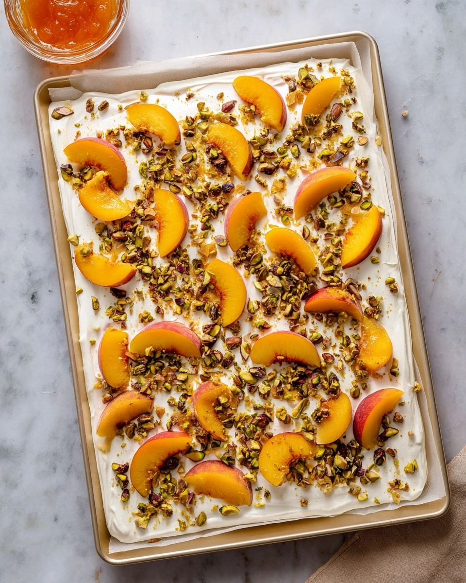 The image shows a dessert made in one layer on a white parchment paper-lined tray. The base layer is thick, smooth white cream spread evenly across the paper. On top, there are peach slices in bright orange-yellow colors scattered in a loose pattern. Around and between the peach slices, there are many small, uneven pieces of greenish-brown crushed pistachio nuts. The tray sits on a white marbled surface, and a small bowl of orange-colored sauce or jam is placed nearby. Photo taken with an iphone --ar 4:5 --v 7