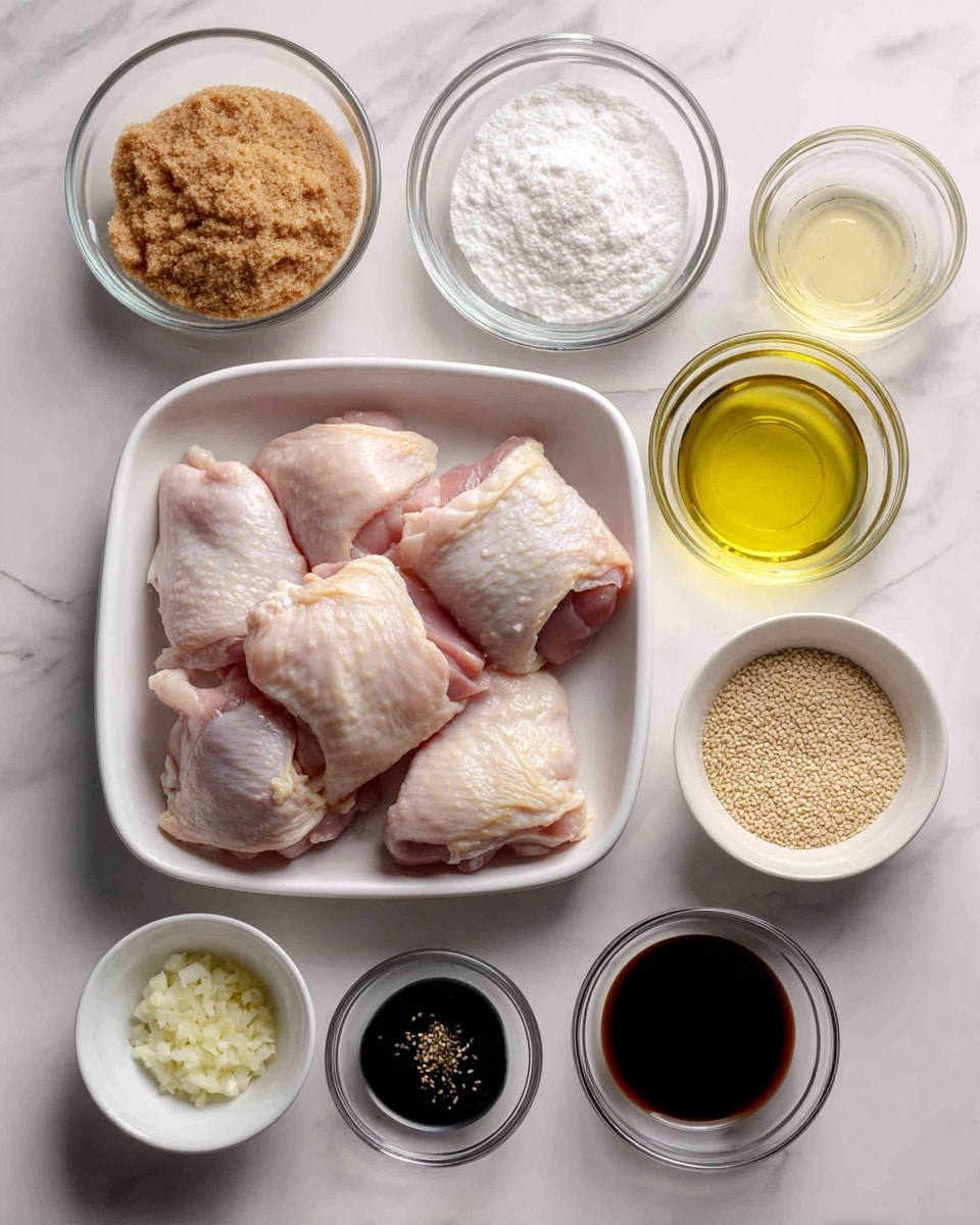 The image shows a top-down view of raw chicken thighs placed in a white rectangular tray in the center. Around the tray, there are small clear bowls and white bowls holding different ingredients. On the top left, there is a bowl of brown sugar with a light brown, grainy texture. Next to it, a clear bowl with white cornstarch powder. At the top right is a clear bowl with a light yellow liquid labeled sesame oil, and below it, a white bowl filled with tiny beige sesame seeds. Further down, there is a clear bowl with black pepper and a white bowl with dark soy sauce. On the bottom left, there is a white bowl with minced white garlic, a clear bowl containing clear rice vinegar, and another white bowl holding finely grated light yellow ginger. The whole setup is on a white marbled surface. photo taken with an iphone --ar 4:5 --v 7