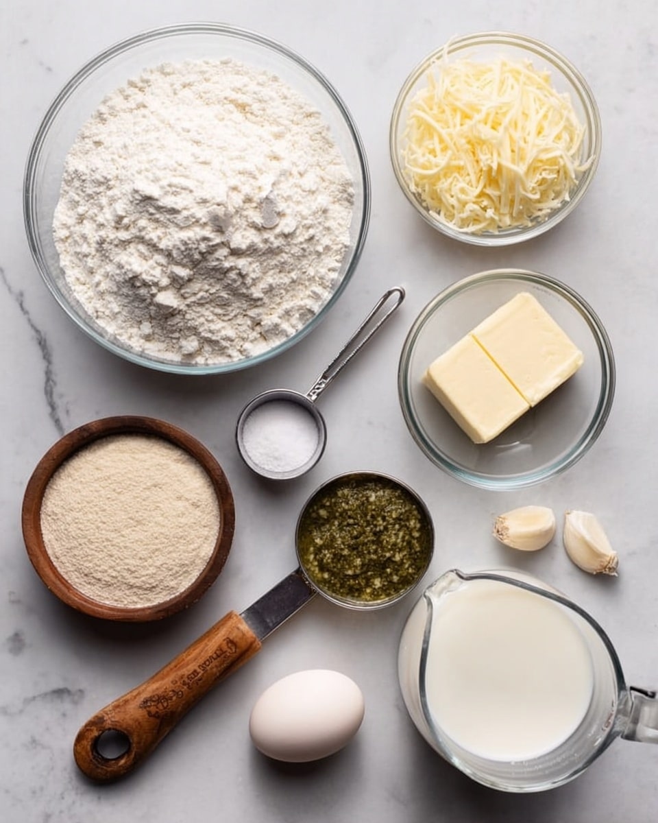 A top view of baking ingredients arranged neatly on a white marbled surface: a large clear glass bowl filled with white flour on the left; a small clear bowl with light brown dry yeast below it; next to it, a small clear bowl filled with white sugar; a metal measuring cup with a wooden handle holding shredded pale yellow cheese beside a small clear bowl containing greenish pesto; a metal measuring spoon with a wooden handle and some salt next to two peeled garlic cloves; a single white egg near a small stick of pale yellow butter; and a transparent glass measuring cup filled with white milk on the right. photo taken with an iphone --ar 4:5 --v 7