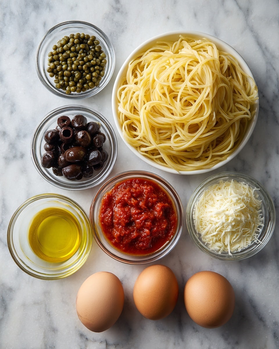 The image shows a white marbled surface with seven small clear bowls and three brown eggs arranged neatly. The largest bowl in the center holds a pile of cooked spaghetti with a light yellow color and smooth texture. Around it are six smaller bowls: one with green capers that are small and round, another filled with bright red marinara sauce that is thick and smooth, next to that a bowl of sliced black olives which are dark and shiny. There is also a bowl with golden yellow olive oil that has a clear liquid look and another with shredded mozzarella cheese, pale white and finely shredded. The three brown eggs lie below the bowls in a row, smooth and oval shaped. photo taken with an iphone --ar 4:5 --v 7