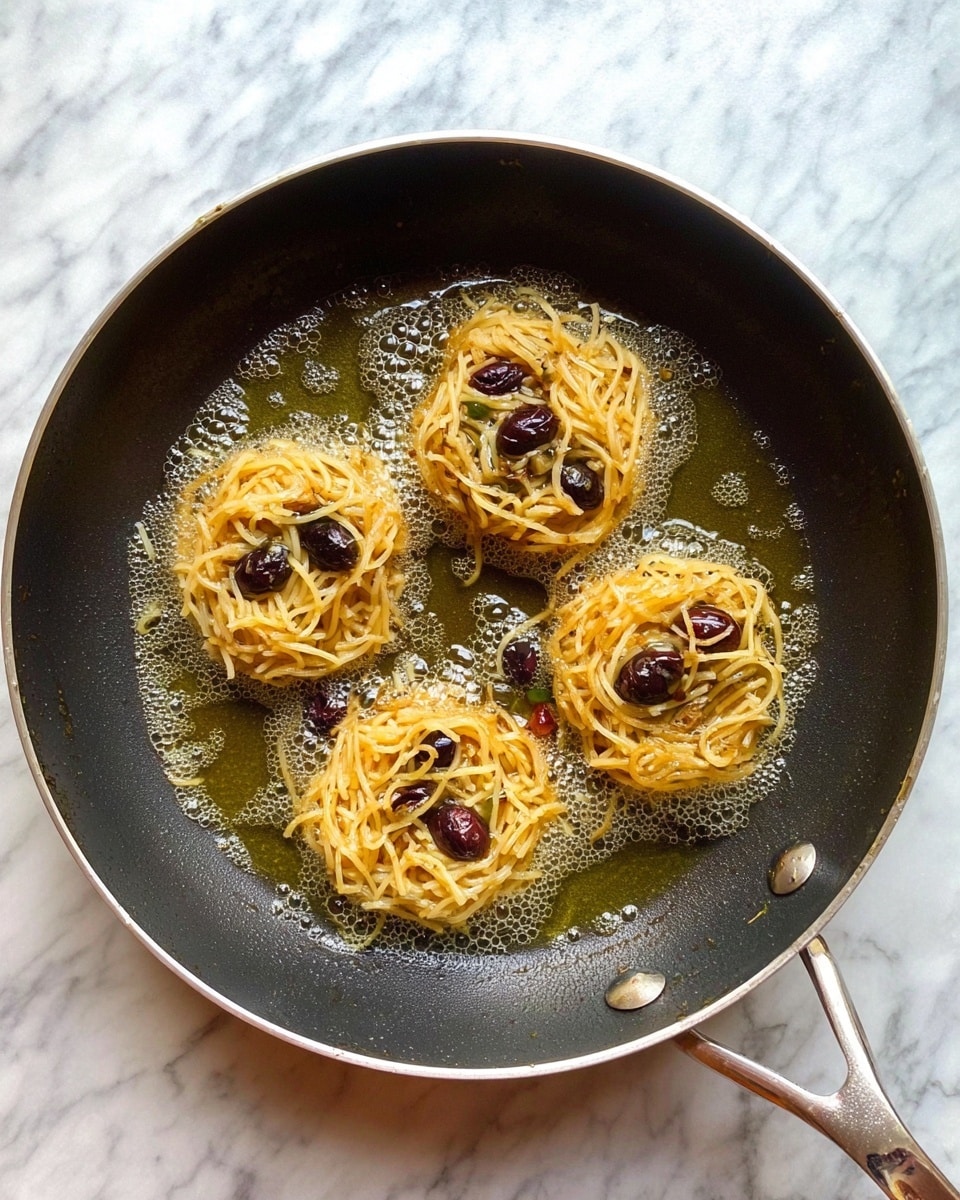 Inside a black frying pan with a silver rim and handle, there are four small round nests made of light golden spaghetti strands. Each nest contains small dark purple sliced olives and green capers mixed in. The nests are frying in bubbling golden oil, creating a shiny and sizzling effect around them. The pan sits on a white marbled surface. photo taken with an iphone --ar 4:5 --v 7
