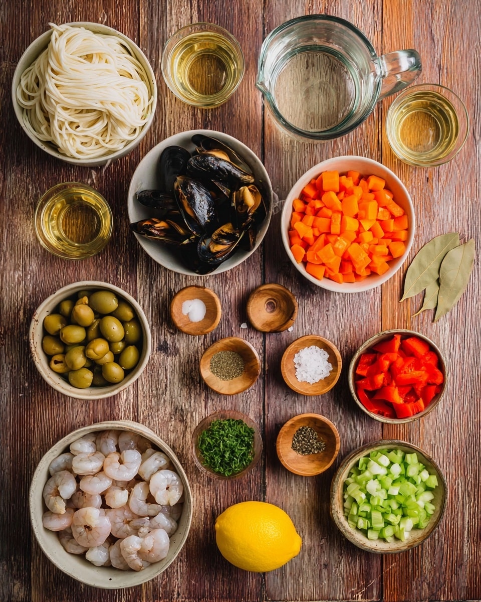 A top view of multiple small white bowls arranged on a wood textured surface filled with various seafood ingredients and chopped vegetables; at the top left, a bowl with thick white noodles, next to a clear glass measuring cup with water, and a bowl of bright orange diced carrots; below, a bowl with large clams, a bowl with dark mussels, a small bowl with chopped green herbs, and several small wooden bowls with salt, pepper, and minced garlic; at the bottom center, a bowl holds peeled shrimp, surrounded by bowls with chopped red bell peppers, chopped celery, green olives, and a whole yellow lemon placed directly on the surface; also present are two glass containers with golden liquid and two dried bay leaves near the bell peppers, all arranged neatly in a flat lay style photo taken with an iphone --ar 4:5 --v 7