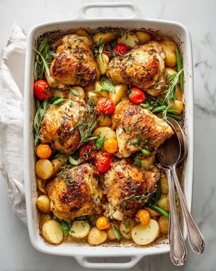 Greek Crispy Chicken Thighs with Potatoes and Vegetables Recipe