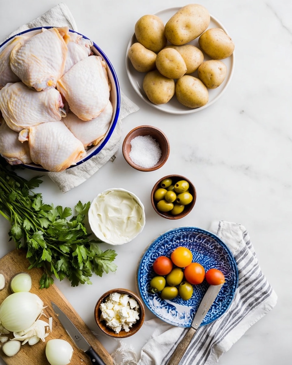 Raw chicken thighs with pale pink and yellow skin rest in a white bowl with a blue rim at the top left, while next to it on the right is a white plate filled with several light brown, smooth potatoes. Below the potatoes is a small bowl of salt placed on the white marbled surface, and beside it, a small white bowl holds creamy white sauce. A small brown bowl contains green peppers with textured skin, and nearby, a white bowl with a blue rim holds colorful yellow, orange, green, and red cherry tomatoes. Toward the bottom right side of the image, a blue ceramic plate with a striped white and gray towel underneath holds a small light brown bowl filled with white crumbled cheese. Next to this, a small brown bowl contains green olives. At the bottom left side, a wooden cutting board holds roughly chopped white onions with a knife resting on top. A bunch of fresh green parsley is near the bowls, partly on the towel. The whole setup is arranged on a white marbled background. Photo taken with an iphone --ar 4:5 --v 7
