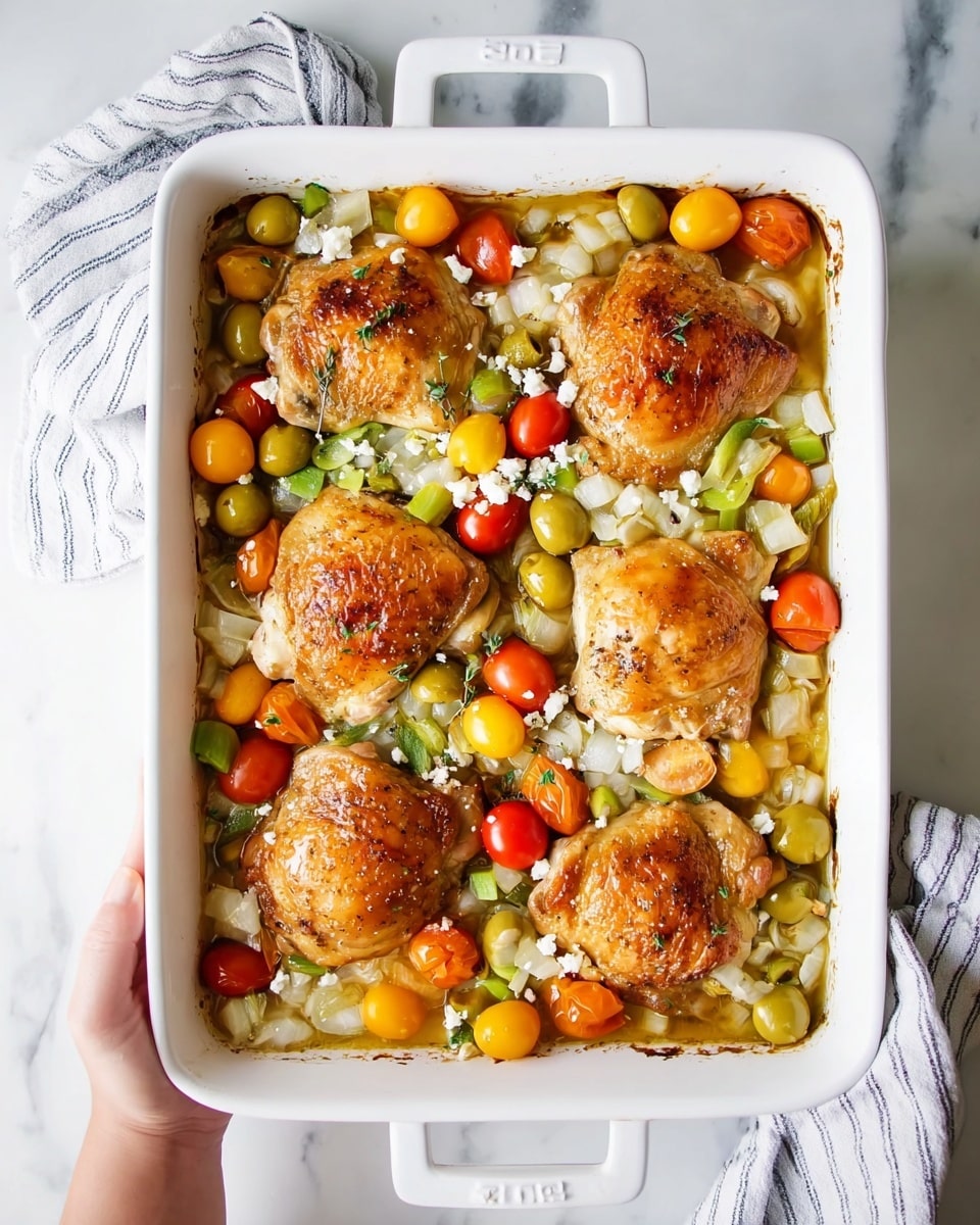 A white rectangular baking dish filled with six pieces of golden brown roasted chicken thighs arranged evenly on top. The chicken rests on a layer of chopped white onions mixed with green olives, yellow and red cherry tomatoes, and light green pepper slices scattered throughout. Small bits of white cheese are sprinkled over the vegetables and chicken. Two woman's hands with painted nails hold the dish on each side, positioned over a white marbled surface with a white and blue-striped cloth nearby. Photo taken with an iphone --ar 4:5 --v 7