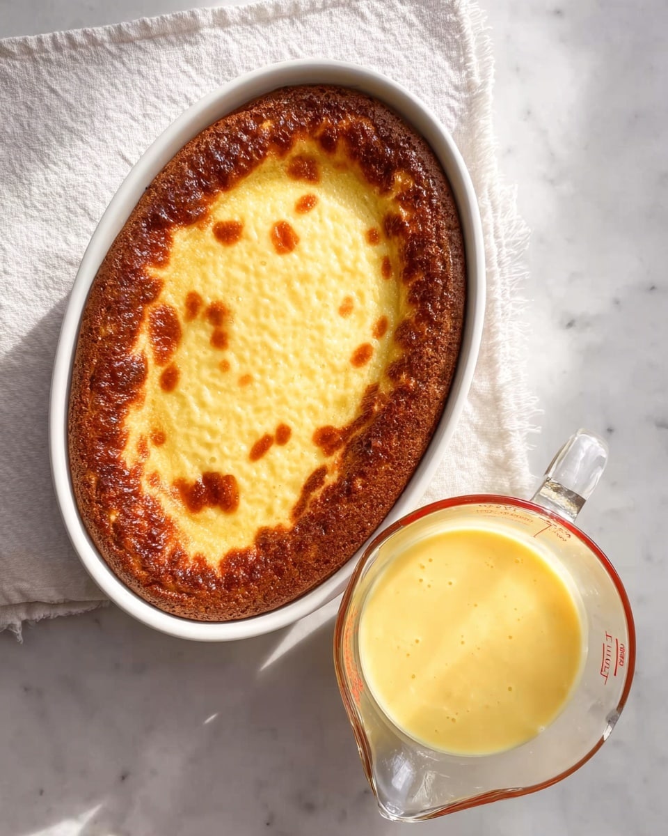 The image shows a baked dish in a white oval baking dish with a golden brown top layer that looks crispy and slightly bubbly, surrounding a smooth, creamy light yellow center. The dish sits on a white cloth on a white marbled surface. Next to it, there is a clear glass measuring cup filled with a smooth yellow sauce or batter. Soft light casts shadows over the scene, enhancing the warm and fresh look. photo taken with an iphone --ar 4:5 --v 7