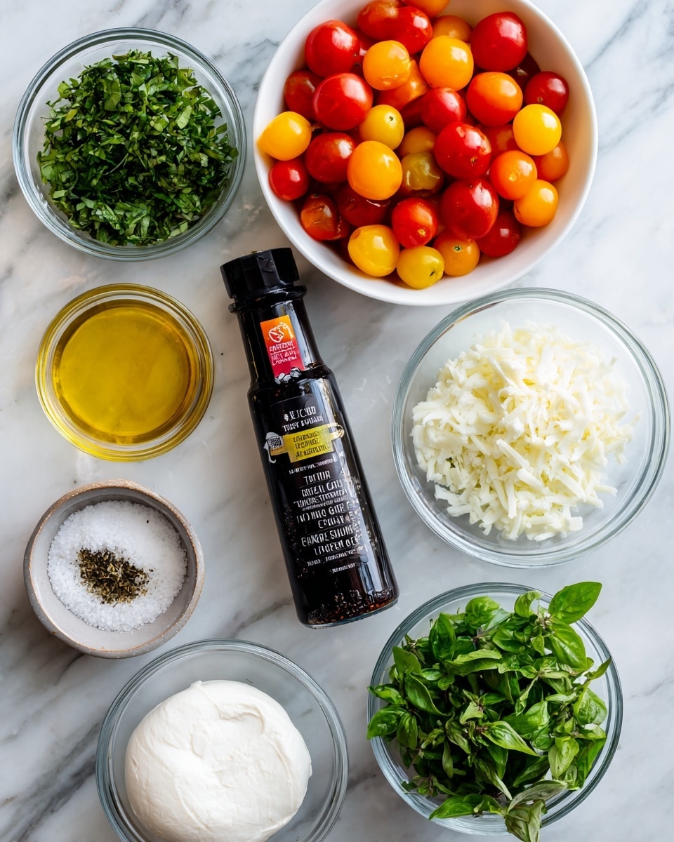 The image shows a collection of clear glass bowls on a white marbled surface, each filled with different ingredients for a recipe. At the top center, there is a white bowl full of bright red, orange, and yellow cherry tomatoes. To the left, a small glass bowl contains chopped fresh dark green basil leaves. Below that, another small glass bowl holds coarse white sea salt. At the bottom left sits a glass bowl with golden olive oil. In the center of the image, a dark bottle of balsamic glaze stands upright with a red and yellow label. To the right of the bottle is a glass bowl filled with chopped white garlic. Below it, a small white container shows a round piece of white mozzarella cheese with a label on the front. Finally, at the bottom right, a glass bowl is filled with bright green fresh oregano leaves. All elements are neatly arranged with clear labels in bold black text floating next to their corresponding ingredient. Photo taken with an iphone --ar 4:5 --v 7