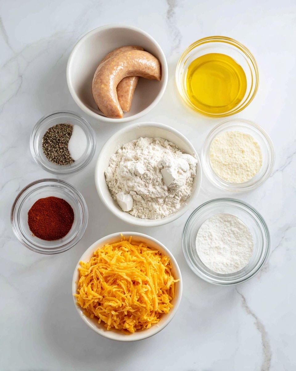 The image shows seven small white bowls arranged on a white marbled surface. The largest bowl at the bottom right is filled with bright orange shredded cheese. Above it and slightly to the right is a small bowl with a light yellow liquid, likely melted butter. Directly above the cheese bowl is a white bowl containing a pale dough shaped like a crescent. In the middle is a white bowl filled with white flour. To the right of the flour is a small clear bowl with a white powder, possibly baking powder. Below the flour are three small clear bowls with different spices: one contains a reddish-brown powder, the next has a mix of salt and ground pepper, and the last one holds salt. The bowls are evenly spaced and the colors contrast nicely with the clean white marbled background. photo taken with an iphone --ar 4:5 --v 7