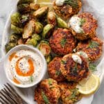 Sweet Potato Salmon Cakes with Creamy Dill Sriracha Sauce and Balsamic Maple Brussels Sprouts Recipe