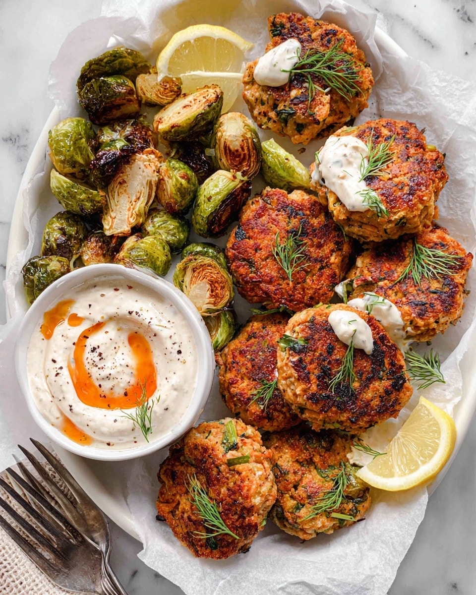 Sweet Potato Salmon Cakes with Creamy Dill Sriracha Sauce and Balsamic Maple Brussels Sprouts Recipe