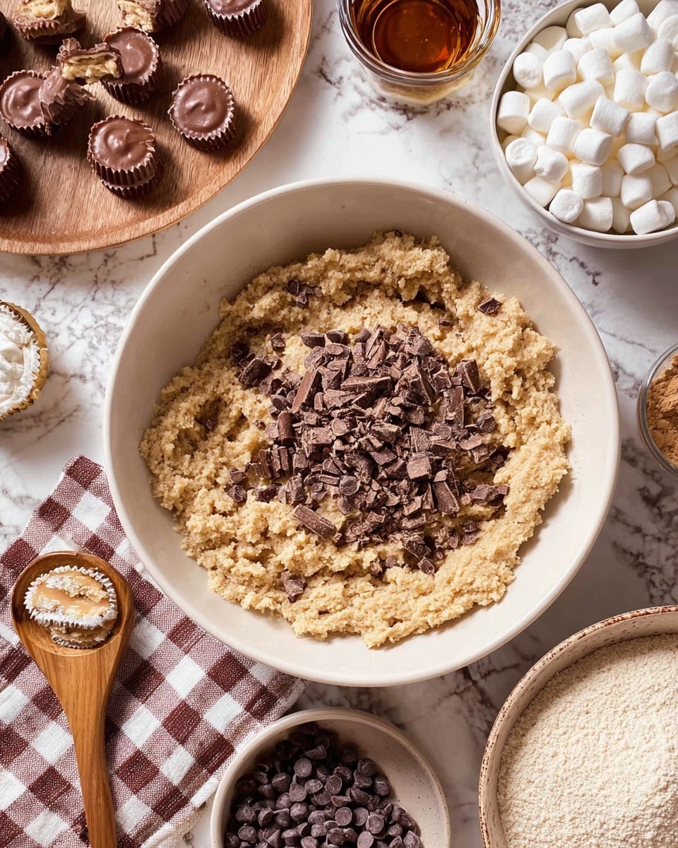 A white bowl in the center holds a thick beige cookie dough mixture with a rough texture, topped with a layer of chopped chocolate pieces scattered unevenly. Surrounding the bowl on a white marbled surface, a white bowl filled with small white marshmallows sits at the top right, a small glass container with a dark liquid near the top left, and a wooden plate above the main bowl contains unwrapped miniature peanut butter cups and more chopped chocolate. To the bottom left, a wooden spoon lies on a brown and white checkered cloth, and a white bowl with small dark chocolate chips is at the bottom center. A brown bowl filled with light-colored almond flour is to the right side. Photo taken with an iphone --ar 4:5 --v 7