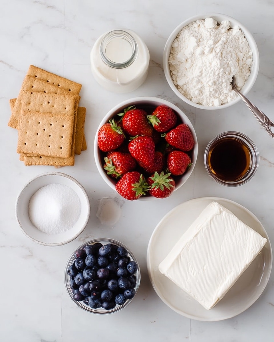 The image shows an arrangement of baking ingredients on a white marbled surface. There is a clear glass bottle filled with milk on the left side. Next to it, several rectangular graham crackers with small holes are stacked. Toward the center, there is a white bowl full of fresh red strawberries with green tops. Below it, a small white bowl filled with white powdered sugar. Toward the right side, there is a small glass jar with dark brown vanilla extract. Above it, a white bowl with white flour, and next to it on the right, a white bowl filled with round dark blue blueberries. At the bottom right, a white plate holds a thick block of cream cheese with a smooth texture. The scene looks clean and bright, with all items well spaced. Photo taken with an iphone --ar 4:5 --v 7
