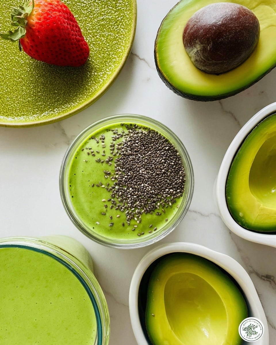 The image shows a bright green smooth sauce in a clear glass container in the lower left corner, next to a small white bowl filled with the same green sauce topped with many small black chia seeds scattered unevenly on the surface. Toward the top right, there is a halved avocado with its dark pit in one half and the other half showing smooth light green flesh, placed inside white containers shaped like avocado halves with dark green rims. A white marbled surface holds everything, with a bright green textured plate in the upper left corner showing a strawberry with a reddish-pink tip fading into yellow and green near the green leaves. The overall look is fresh and vibrant, with smooth and rough textures balanced. Photo taken with an iphone --ar 4:5 --v 7