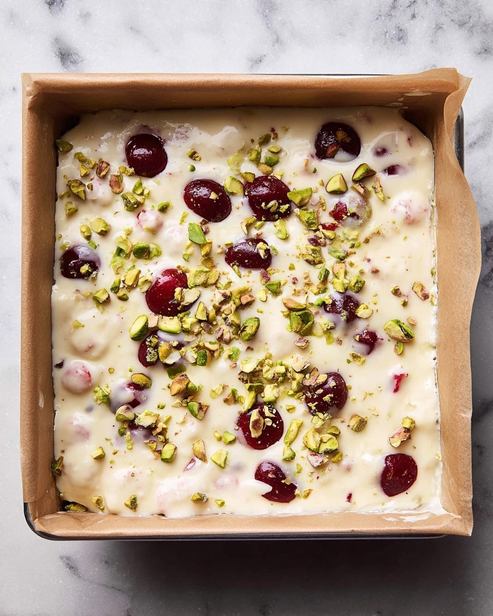 A square baking pan lined with parchment paper holds a layered dessert. The base layer consists of pale, round pieces, mostly hidden under a thick, creamy white sauce that covers the entire dish. Scattered on top are bright red cherries, adding spots of color, and chopped green pistachios sprinkled evenly over the surface, giving a crunchy texture. The pan sits on a white marbled surface. photo taken with an iphone --ar 4:5 --v 7