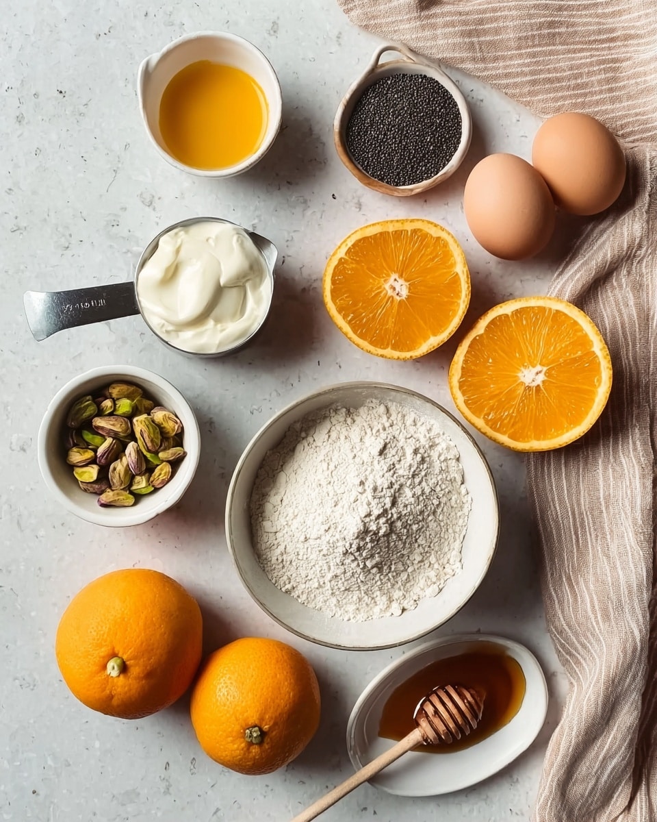 The image shows a spread of baking ingredients arranged on a white marbled surface. In the bottom right, there is a white bowl filled with a mix of flour and white powder on top. Above the bowl, two brown eggs are placed side by side near a small white plate filled with black seeds. To the left of the eggs is a silver measuring cup holding white cream. Next to it on the top left, a small white saucepan contains melted orange butter. There are two orange halves placed in the center, one above the other, with the bright orange color and texture visible. On the bottom left side, two whole oranges rest beside a small white bowl holding shelled pistachio nuts. Above the pistachios is a tiny white cup with a dark brown liquid and to the right, a white bowl with a honey dipper and golden honey inside. A beige striped cloth is partially seen in the top right corner. photo taken with an iphone --ar 4:5 --v 7